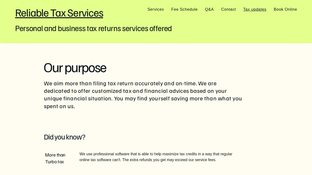 Reliable Tax Services page