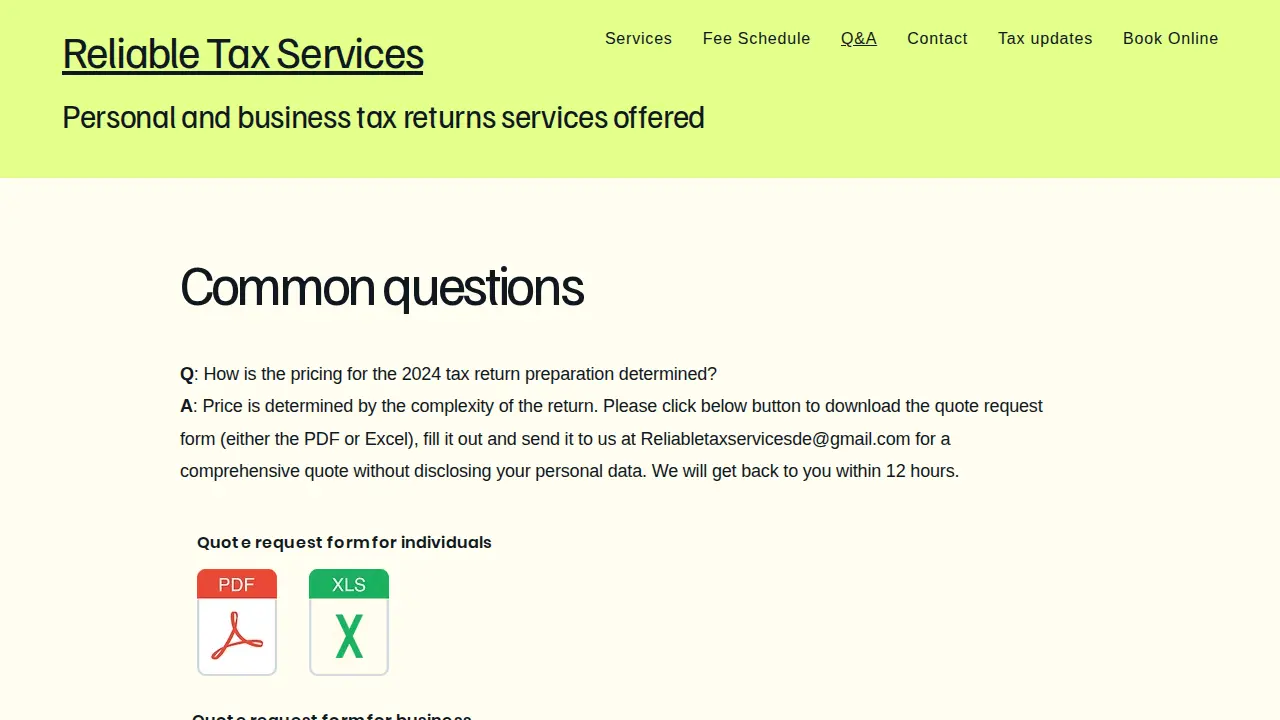 Reliable Tax Services page