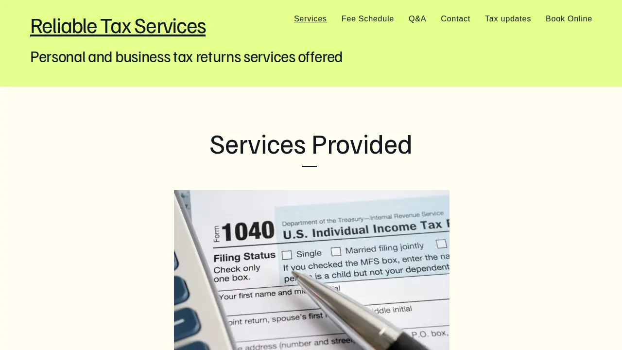 Reliable Tax Services page