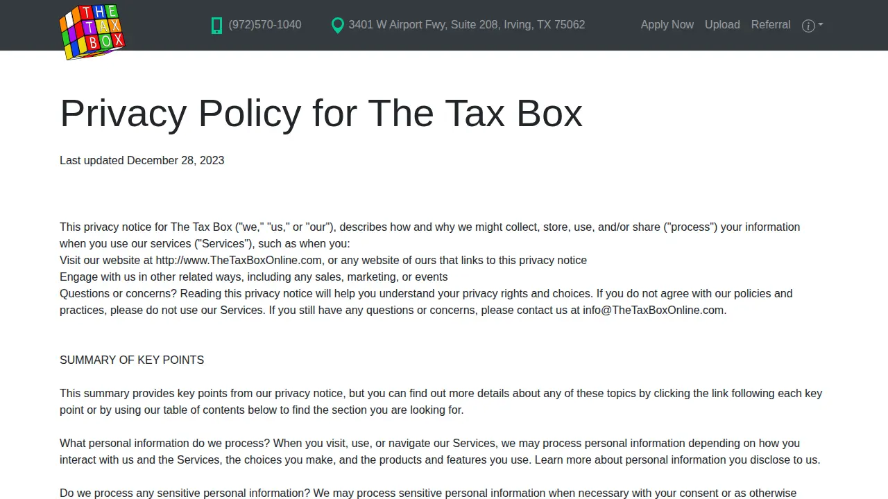 Tax Box page