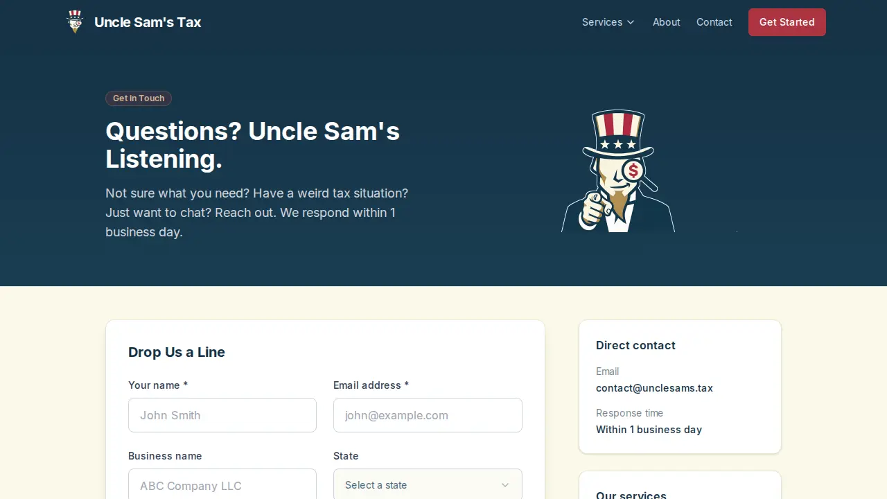 Uncle Sam's Tax Services page