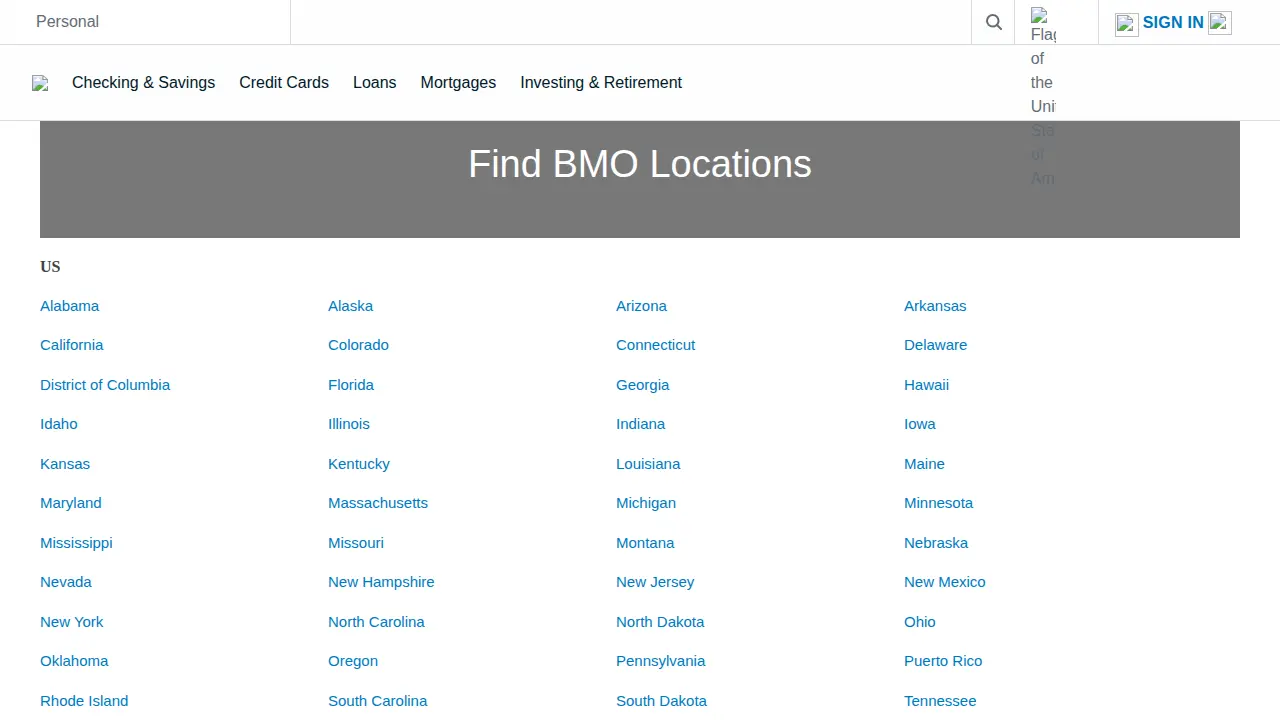 BMO Bank N.A Branches page