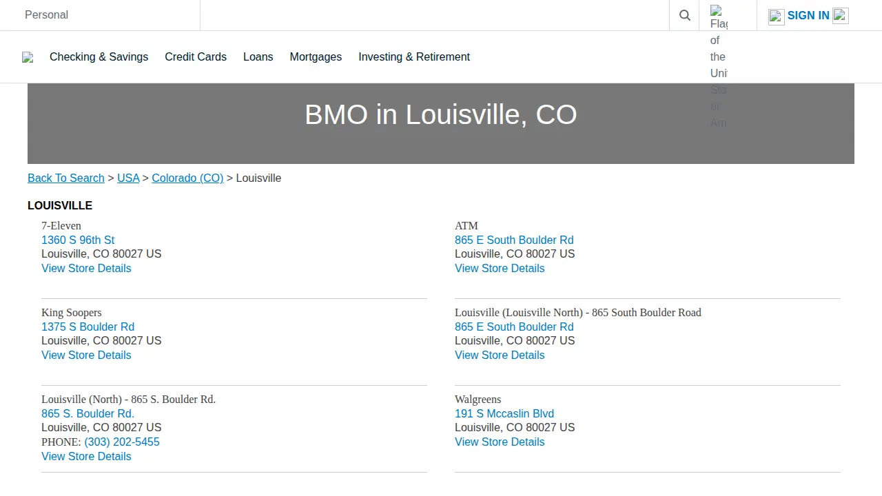 BMO Bank N.A Branches page