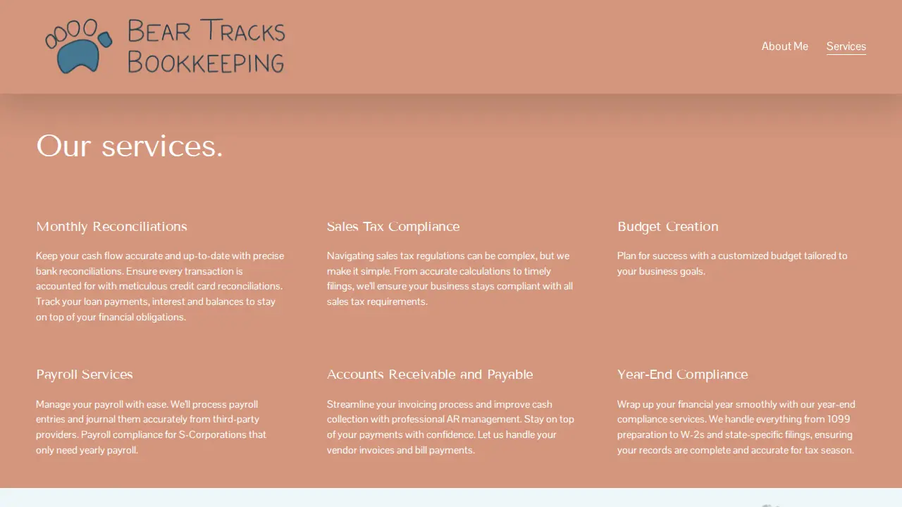 Bear Tracks Bookkeeping page