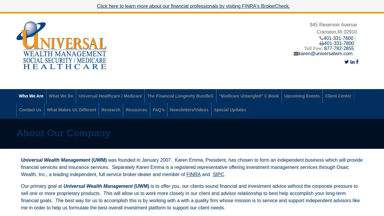 Universal Wealth Management page