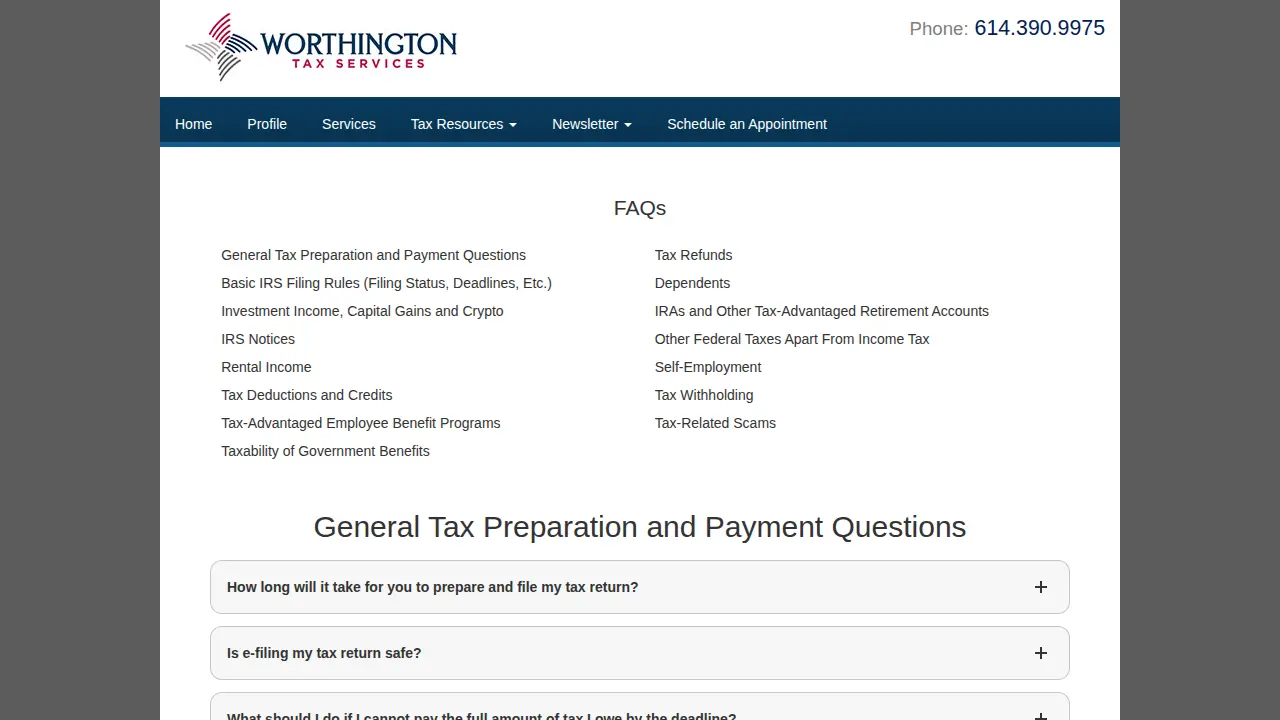 Worthington Tax Services page