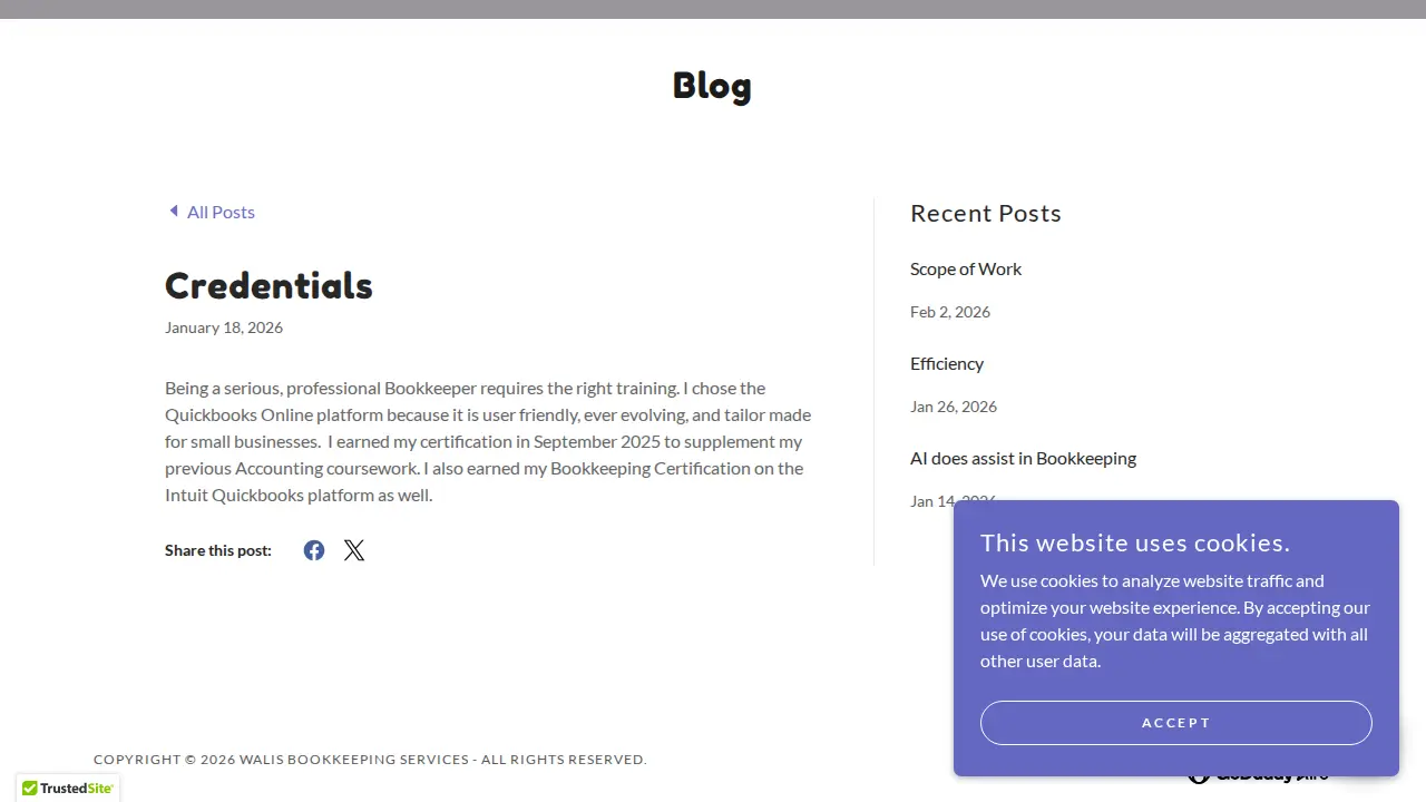 Wali's Bookkeeping Service page