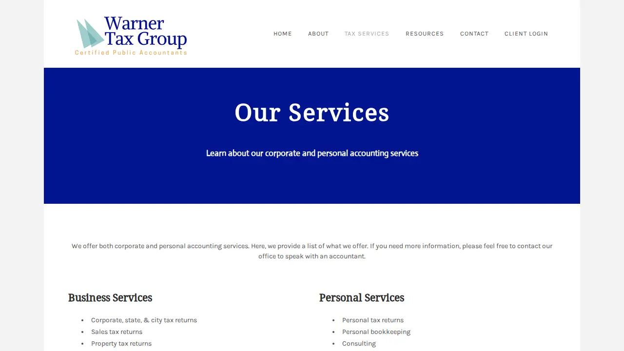 Warner Tax Group page