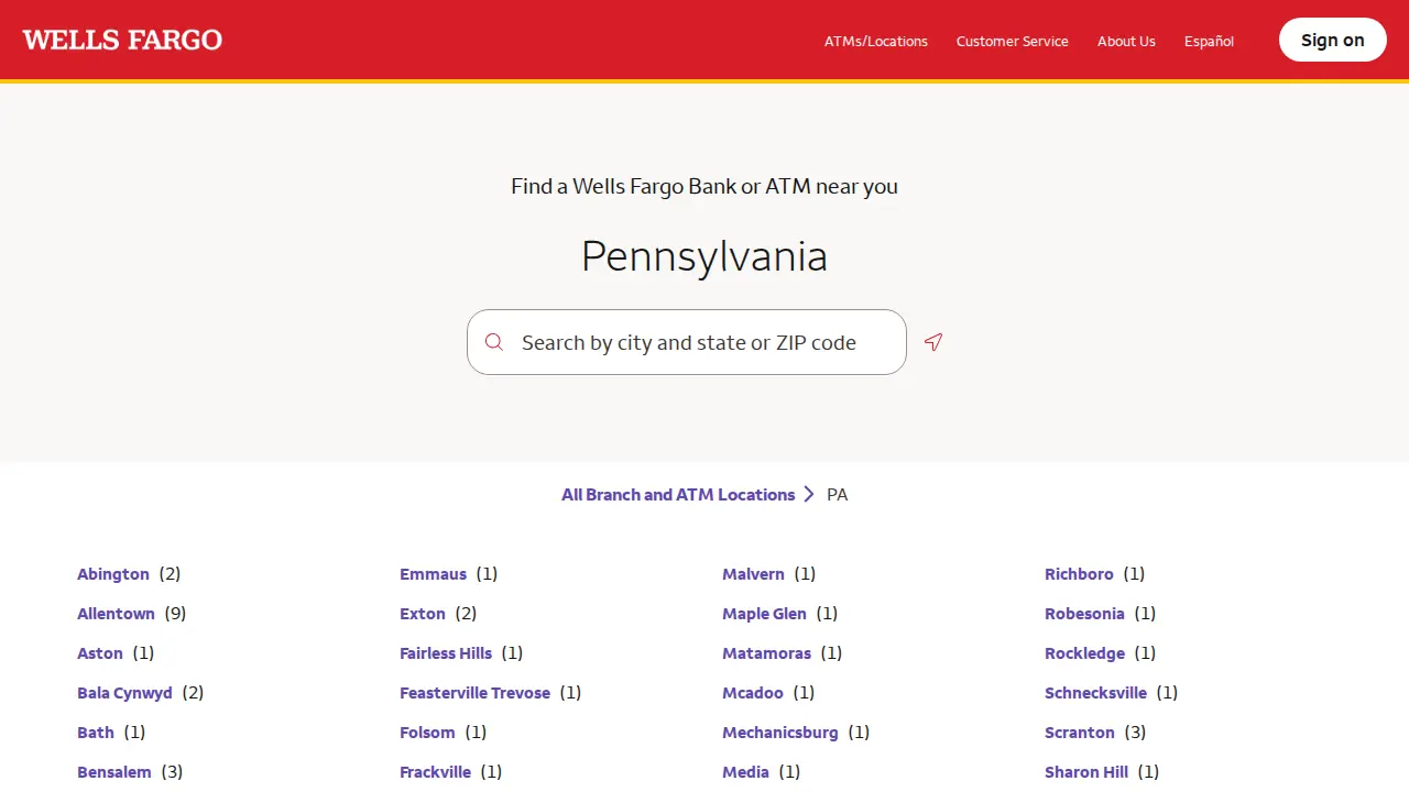 Wells Fargo Bank page