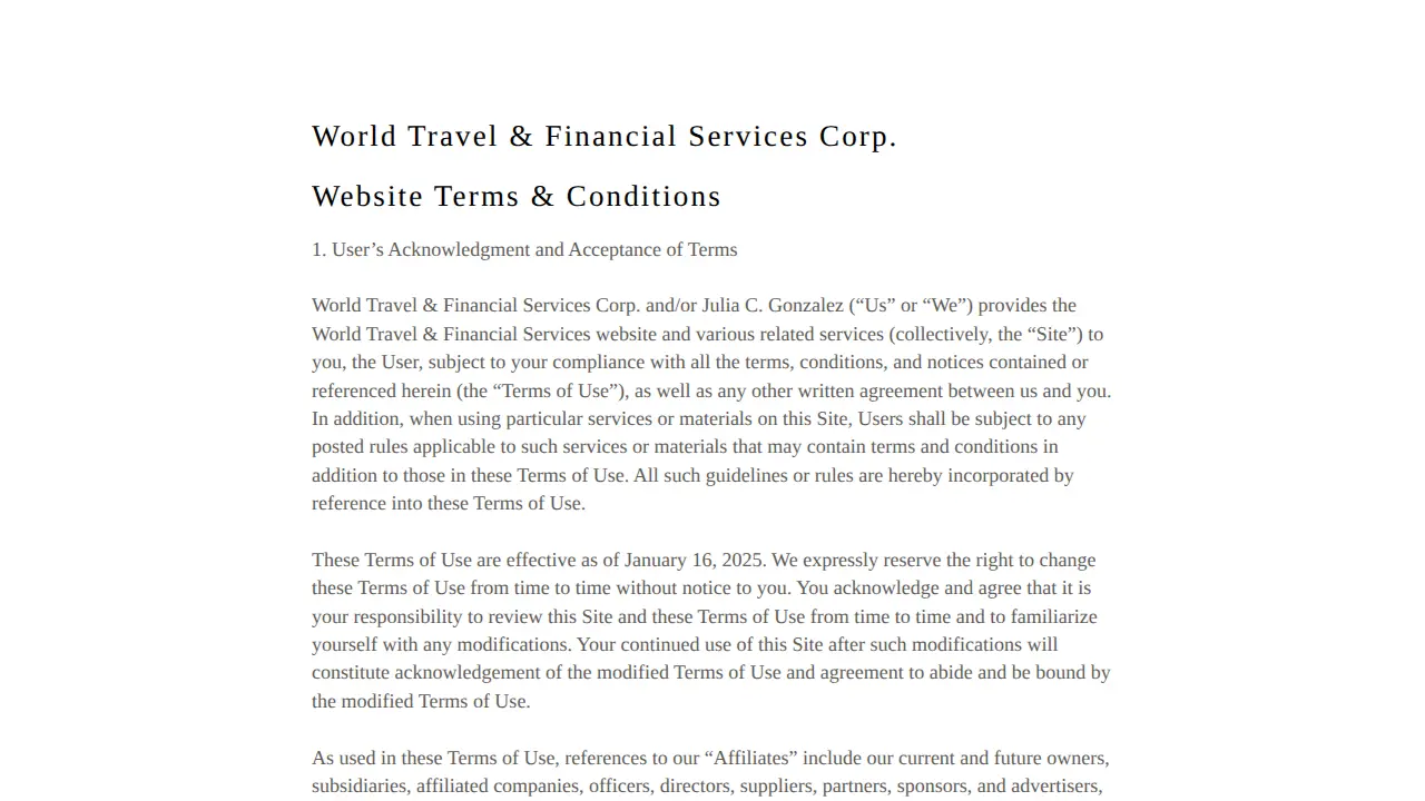 World Travel & Financial Services page