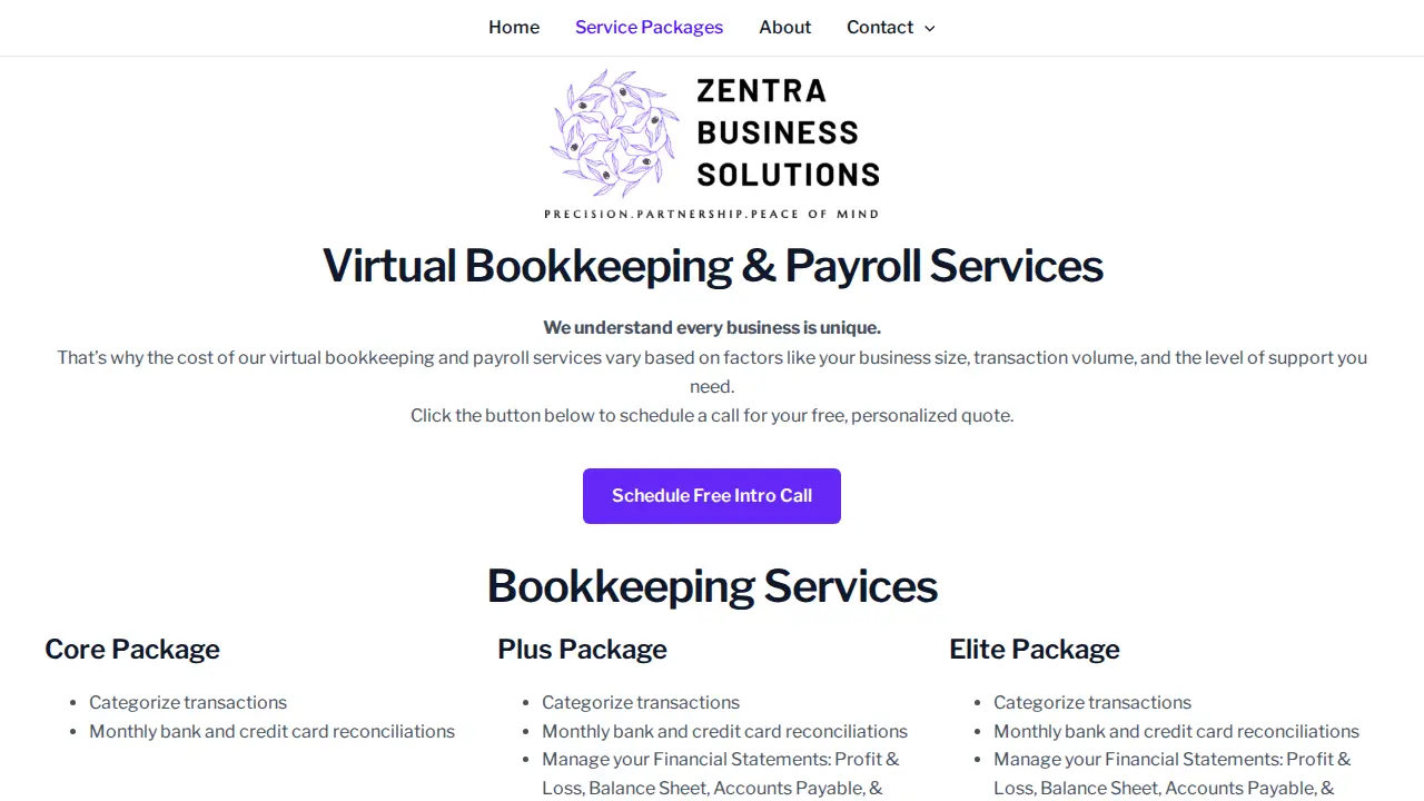 Zentra Business Solutions page