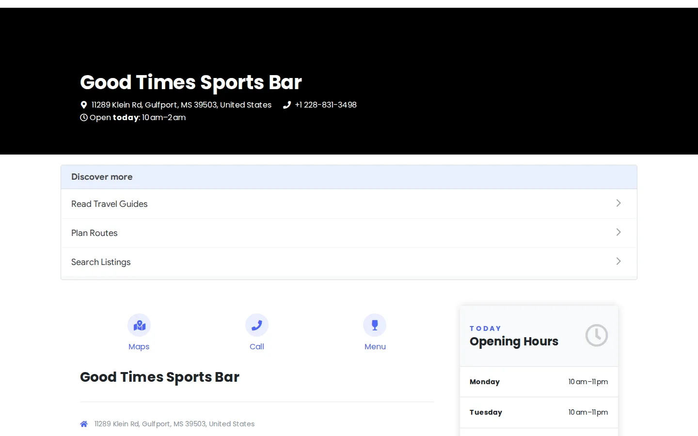 Viewport capture of Good Times Sports Bar official website