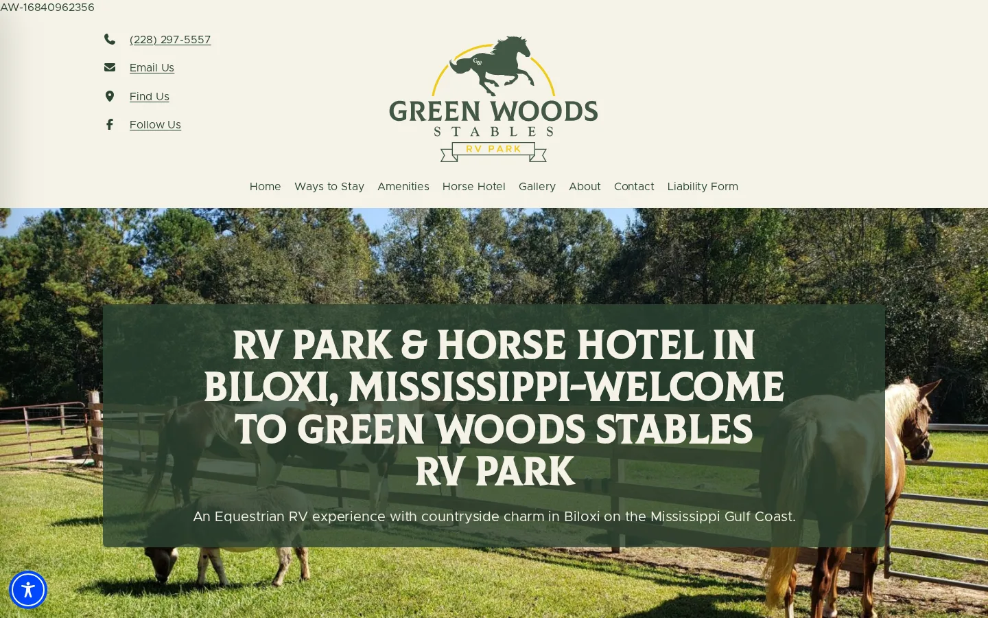 Viewport capture of Green Woods Stables RV Park official website