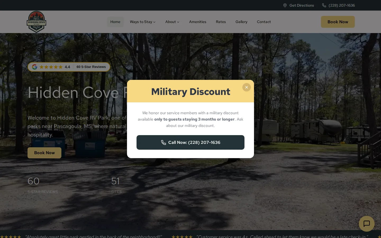 Viewport capture of Hidden Cove RV Park official website