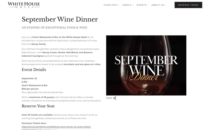 September Wine Dinner | The White House Hotel