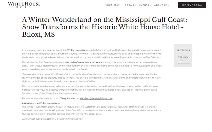 A Winter Wonderland on the Mississippi Gulf Coast: Snow Transforms the Historic White House Hotel - Biloxi, MS | The White House Hotel