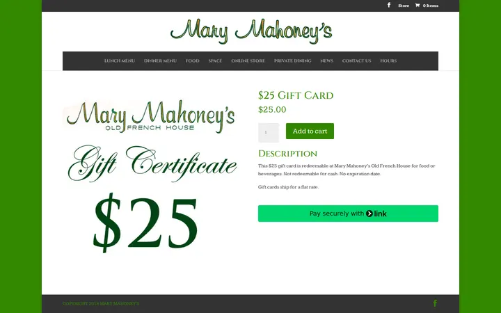 /product/gift-cards — Mary Mahoney's | Old French House