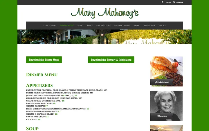 /dinner-menu — Mary Mahoney's | Old French House