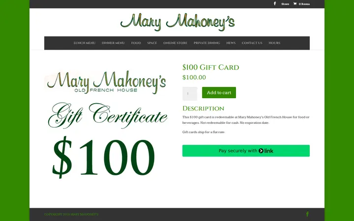 /product/100-gift-card — Mary Mahoney's | Old French House