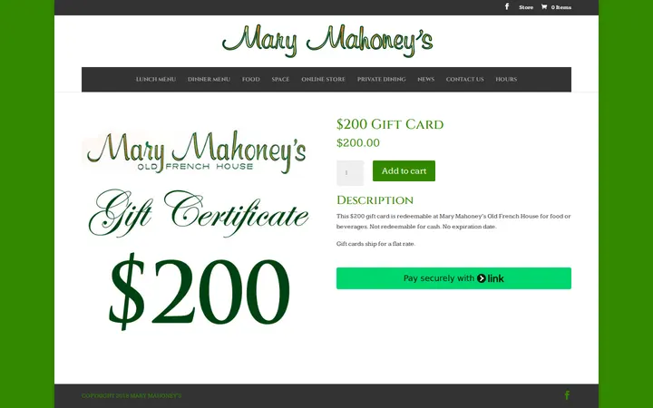 /product/200-gift-card — Mary Mahoney's | Old French House