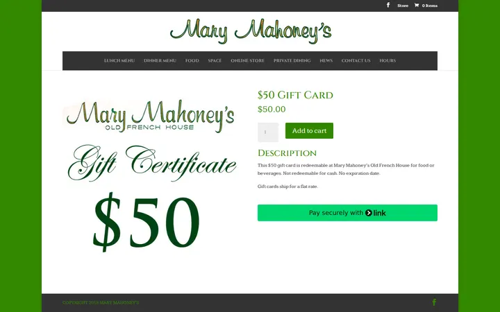 /product/50-gift-card — Mary Mahoney's | Old French House