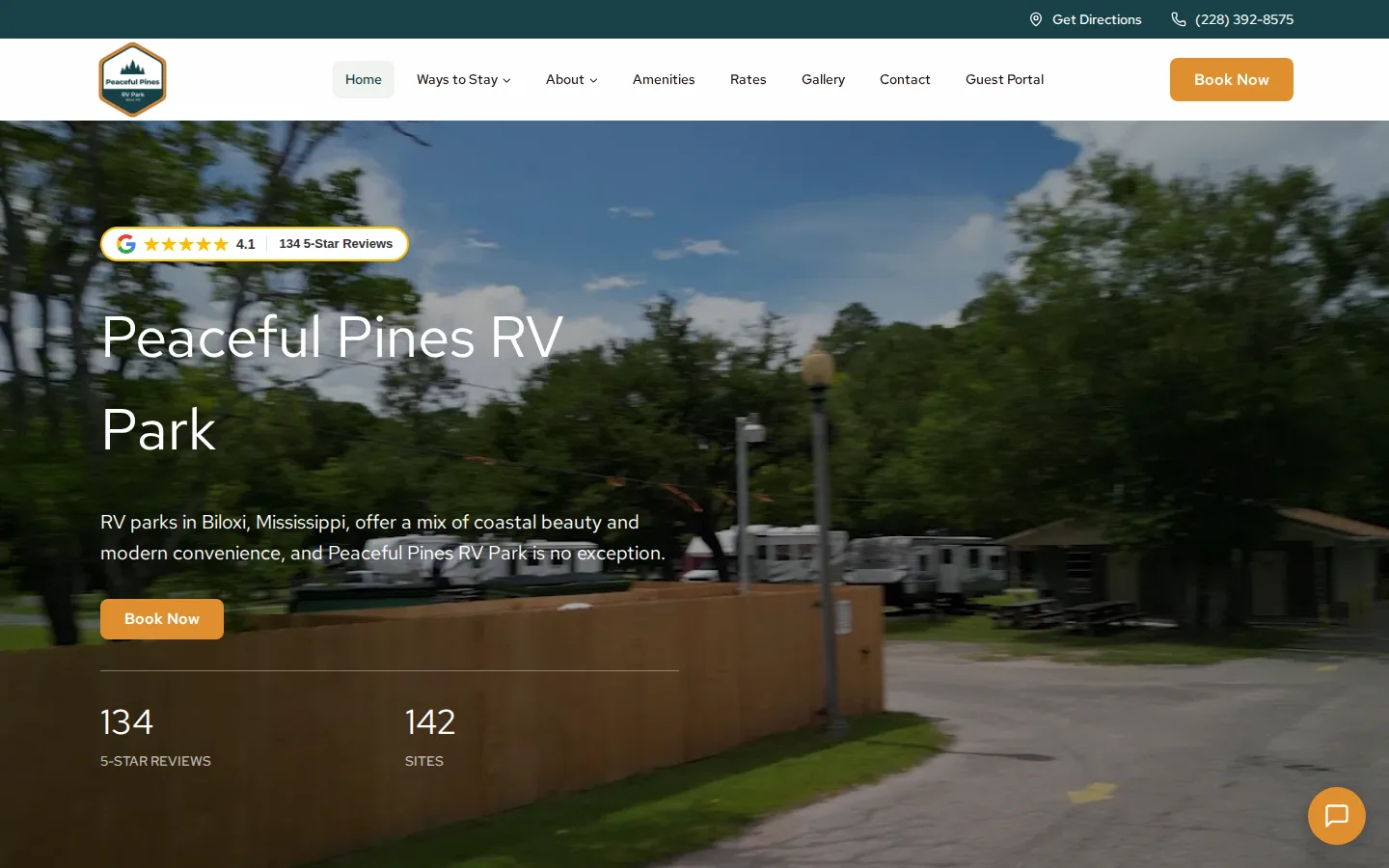 Viewport capture of Peaceful Pines RV Park official website