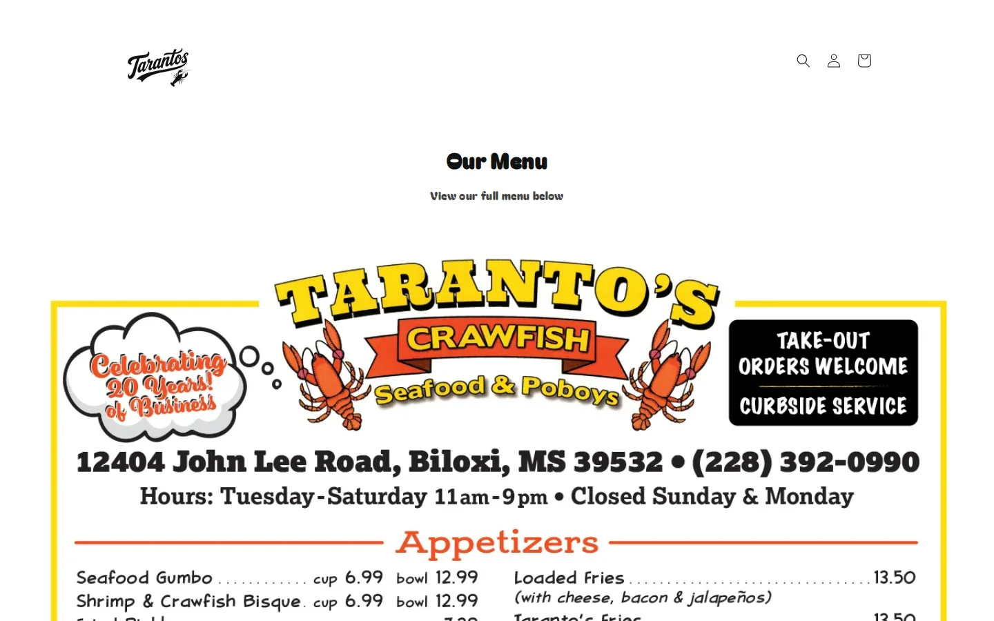 Viewport capture of Taranto's Crawfish official website