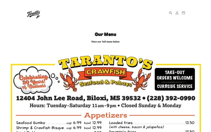 Website of Taranto's Crawfish