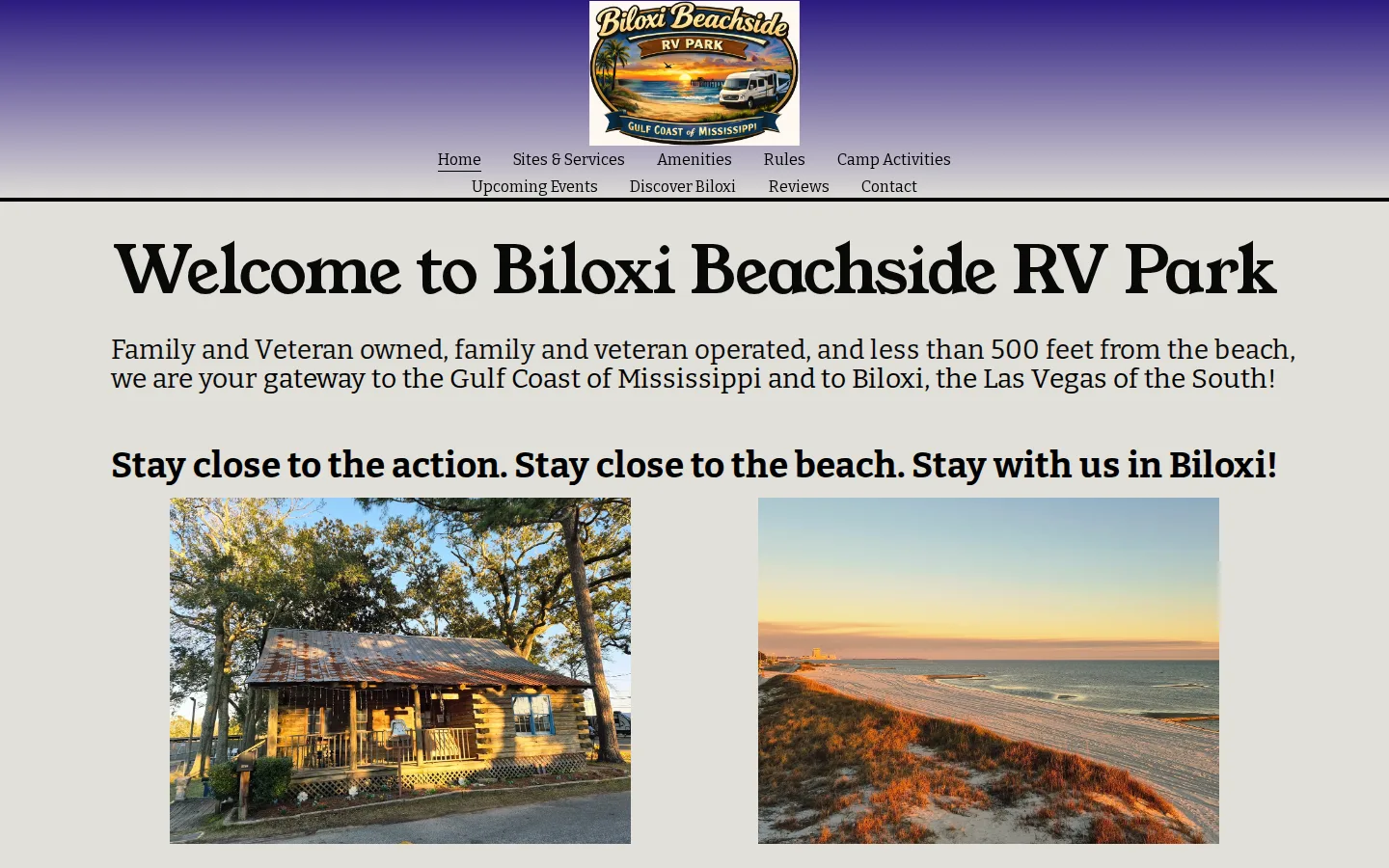 Viewport capture of Biloxi Beachside RV Park official website