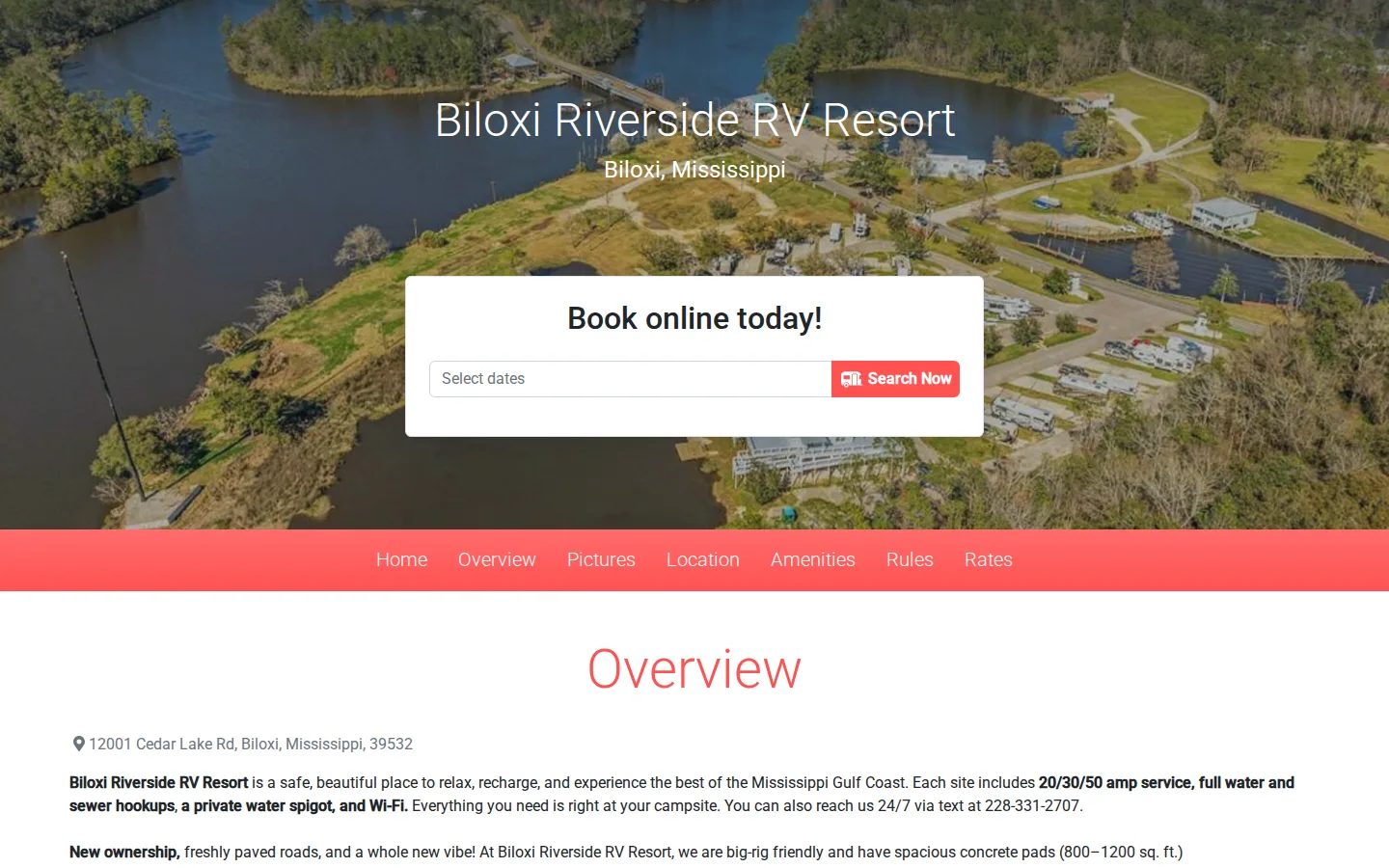 Viewport capture of Biloxi Riverside RV Resort official website