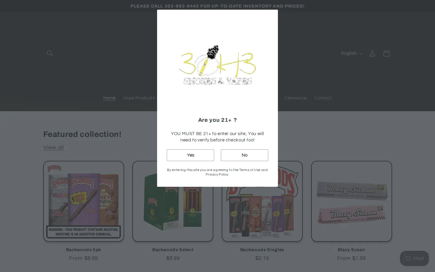 Captured website of 3OH3 Smokes & Vapes