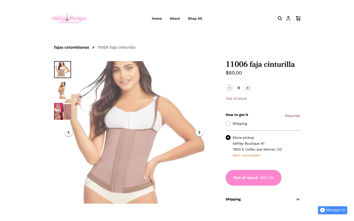 Captured website of Ashley Boutique Denver