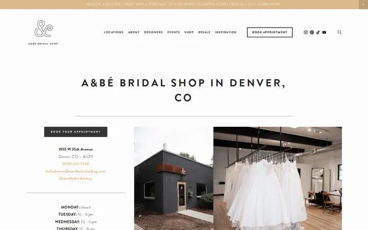 Website of a&bé bridal shop denver