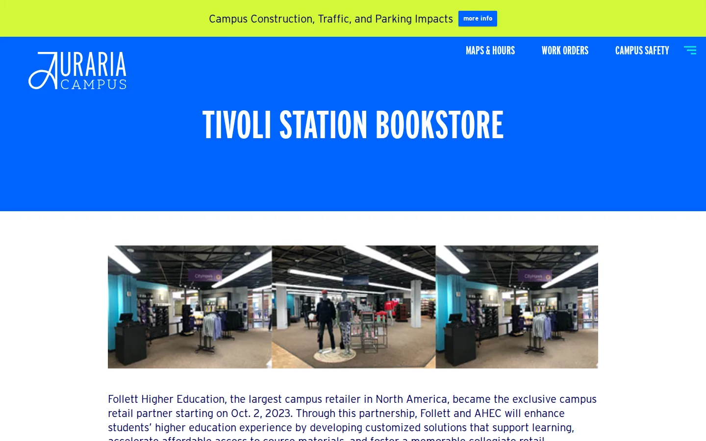 Captured website of Tivoli Station Auraria Campus Store
