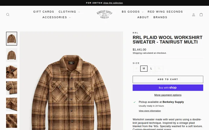/collections/shopall/products/rrl-plaid-wool-workshirt-sweater-tan-rust-multi — Berkeley Supply Company