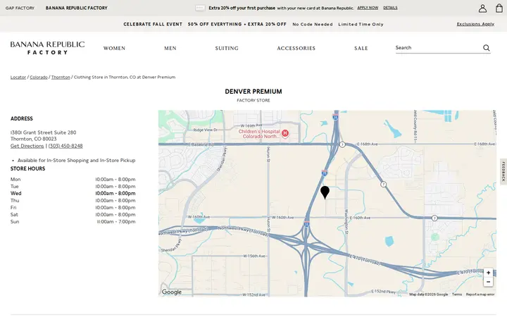 Website of Banana Republic Factory Store