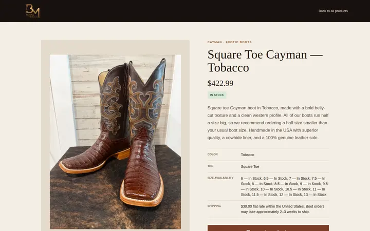 /products/cayman-square-toe-tobacco — Botas Mexico