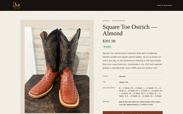 /products/ostrich-square-toe-almond — Botas Mexico