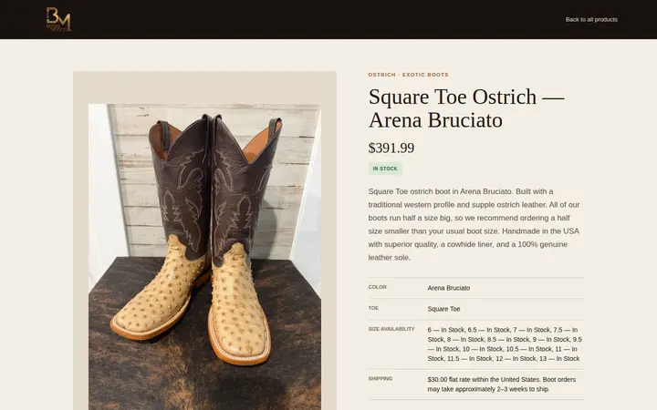 /products/ostrich-square-toe-arena-bruciato — Botas Mexico