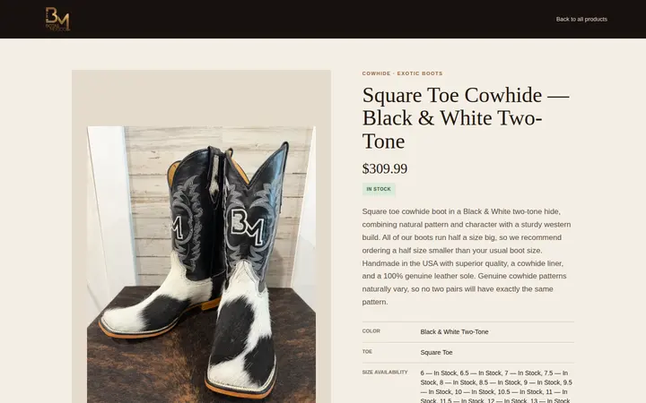 /products/cowhide-square-toe-black-white — Botas Mexico