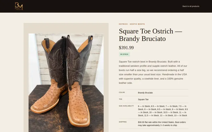 /products/ostrich-square-toe-brandy-bruciato — Botas Mexico