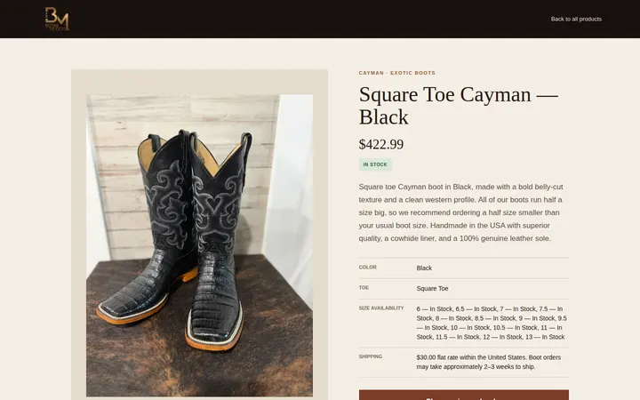 /products/cayman-square-toe-black — Botas Mexico