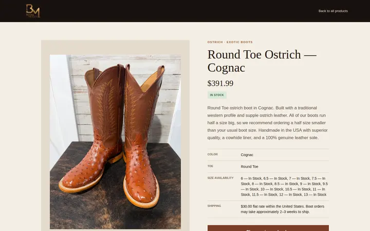 /products/ostrich-round-toe-cognac — Botas Mexico