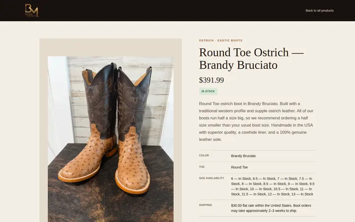 /products/ostrich-round-toe-brandy-bruciato — Botas Mexico