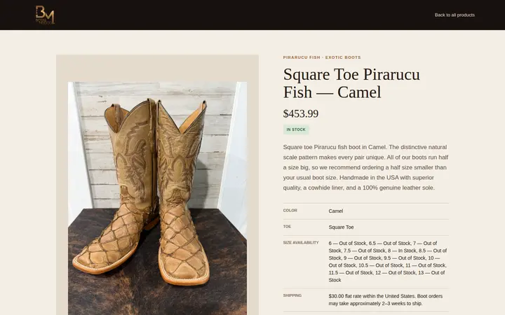 /products/pirarucu-square-toe-camel — Botas Mexico
