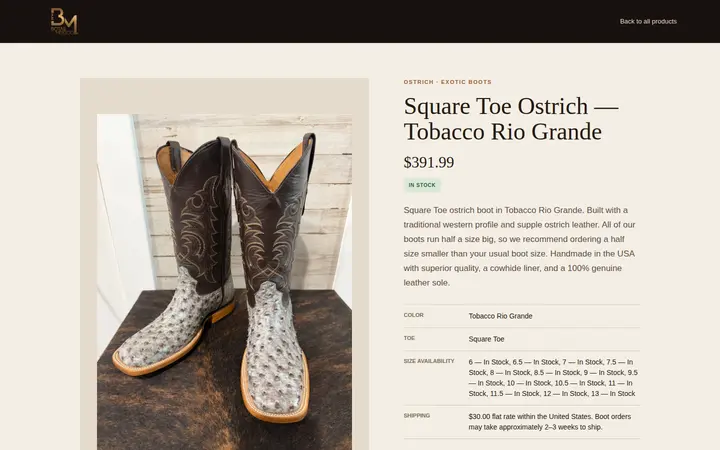 /products/ostrich-square-toe-tobacco-rio-grande — Botas Mexico