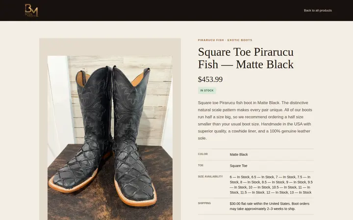 /products/pirarucu-square-toe-matte-black — Botas Mexico