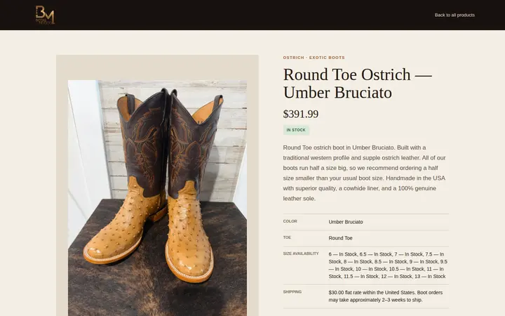 /products/ostrich-round-toe-umber-bruciato — Botas Mexico
