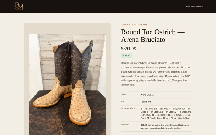 /products/ostrich-round-toe-arena-bruciato — Botas Mexico