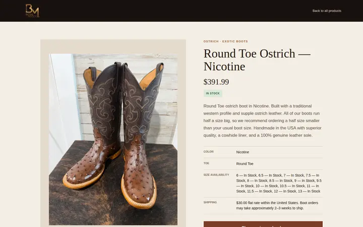 /products/ostrich-round-toe-nicotine — Botas Mexico